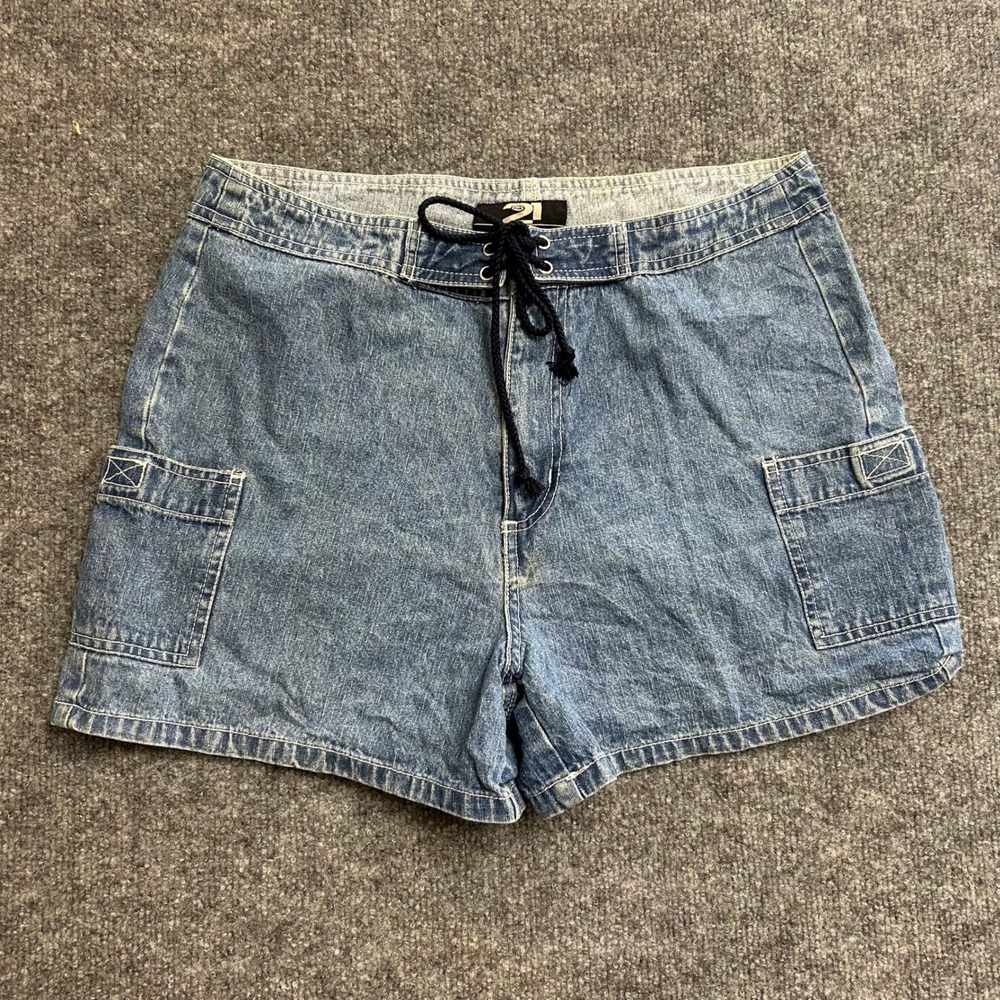 Rue21 Shorts Womens Size 6 Blue Denim Cargo Lace Up Front Y2K Utility Casual